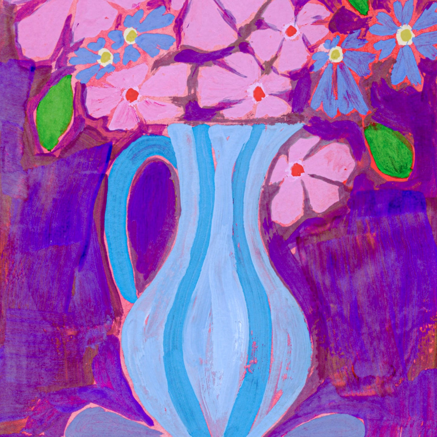 Abstract painting of flowers and a vase with a purple background